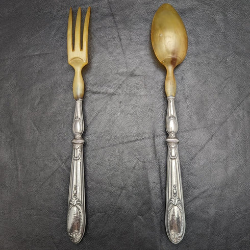 French Antique Pure Silver Handle Salad Server Set